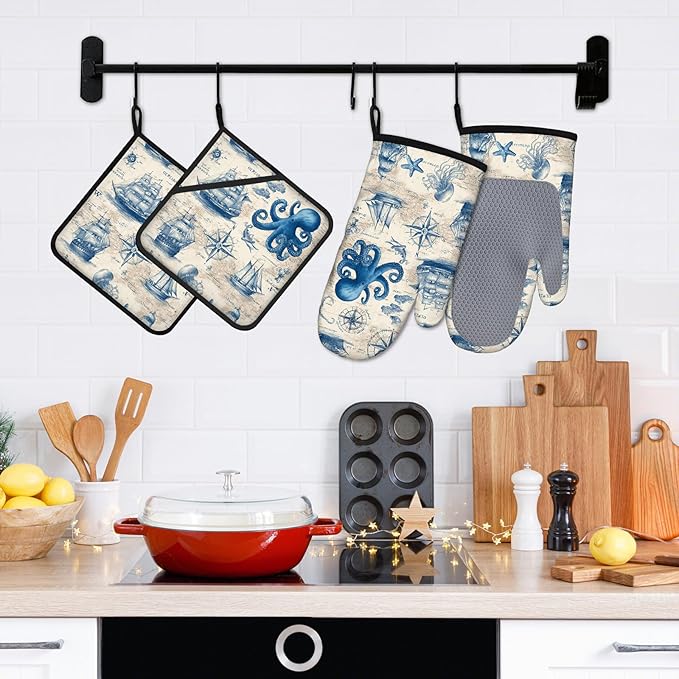 Sea Octopus Compass Oven Mitts and Pot Holders Sets 4Pcs Silicone Non-Slip Mitts Heat Resistant Gloves Hot Pads for Kitchen Cooking Baking Grilling BBQ