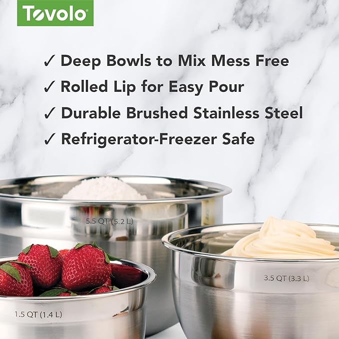 Tovolo XL Mixing Bowl Stainless Steel 7 Quart Extra Large Metal Mixing Bowls, Dishwasher Safe Big Deep Metal Bowl for Baking and Cooking Prep with Easy Pour Lip, Bowl for Salad Mixing Bread Kneading
