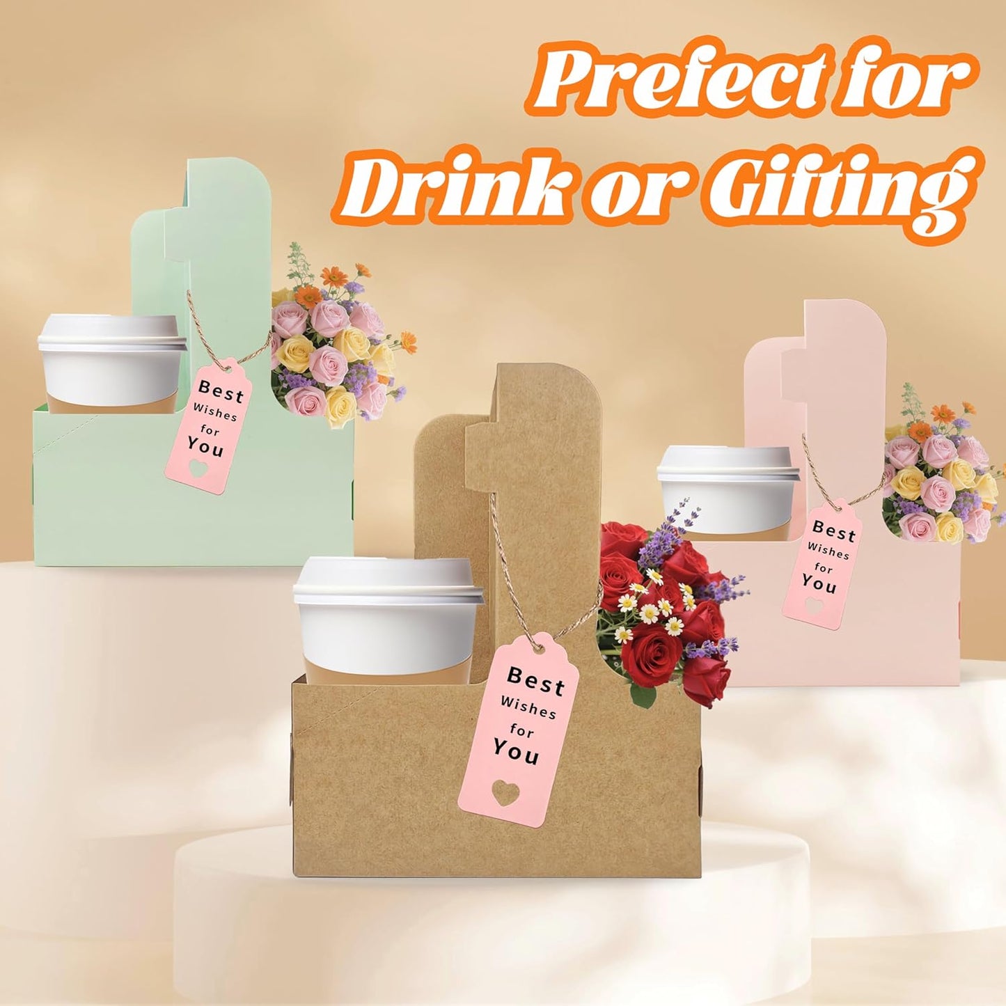 2 Cup Drink Carrier,16 Pack Coffee Cup Holders with Handle,Cardboard Cup Holders for Hot or Cold Drinks,Coffee Carrier with Ribbon and Card,Food Delivery Services and Bouquet(Green)