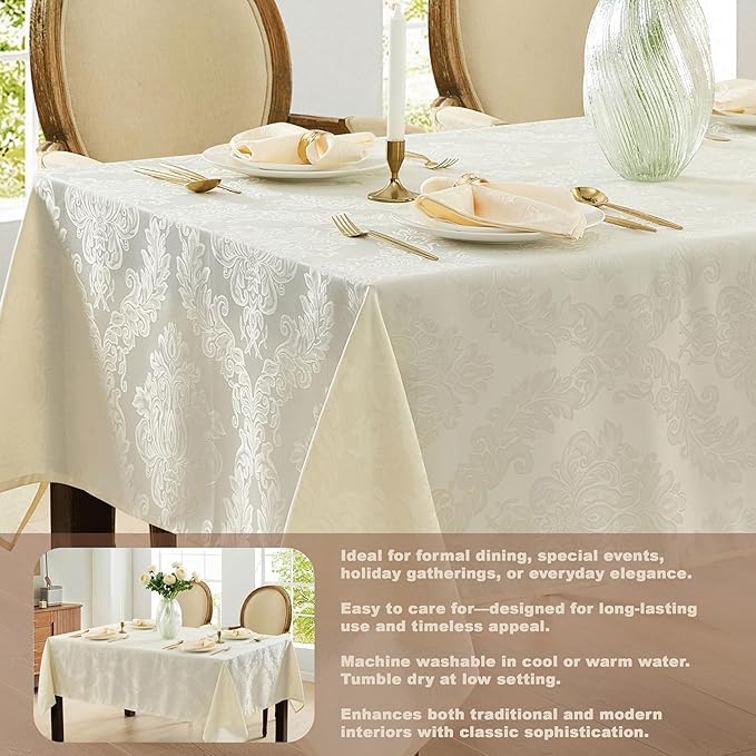 Newbridge Barcelona Luxury Damask Fabric Tablecloth, 70” Extra Wide x 108” Rectangle, Antique White, 100% Polyester, No Iron, Soil Resistant Dining Room, Party and Banquet Table Cover