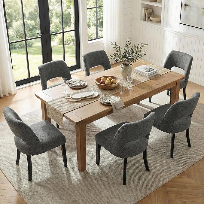 keoni Wooden Dining Chairs Set of 4, Mid Century Modern Upholstered Dining Room Chairs with Black Wood Legs, Fabric Farmhouse Kitchen Chairs with Foot Pegs for Dining Room, Dark Gray