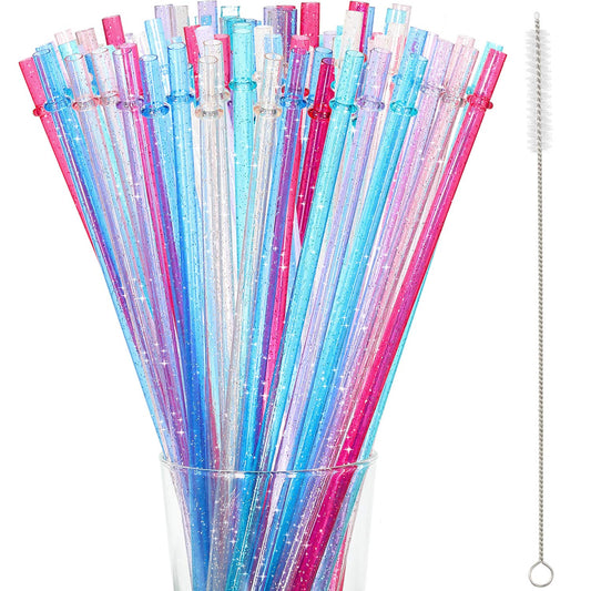 48 Pcs Plastic Straws with Team Bride Flags Reusable Glitter Drinking Straw(Red, Dark Blue, Pink, Champagne, Purple, Blue)