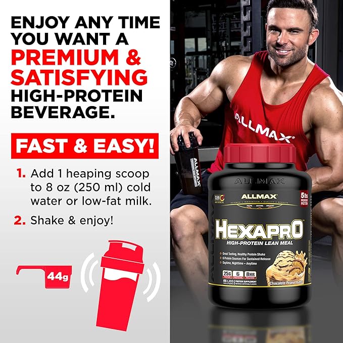 ALLMAX HEXAPRO, Chocolate Peanut Butter - 5 lb - 25 Grams of Protein Per Serving - 8-Hour Sustained Release - Zero Sugar - 52 Servings