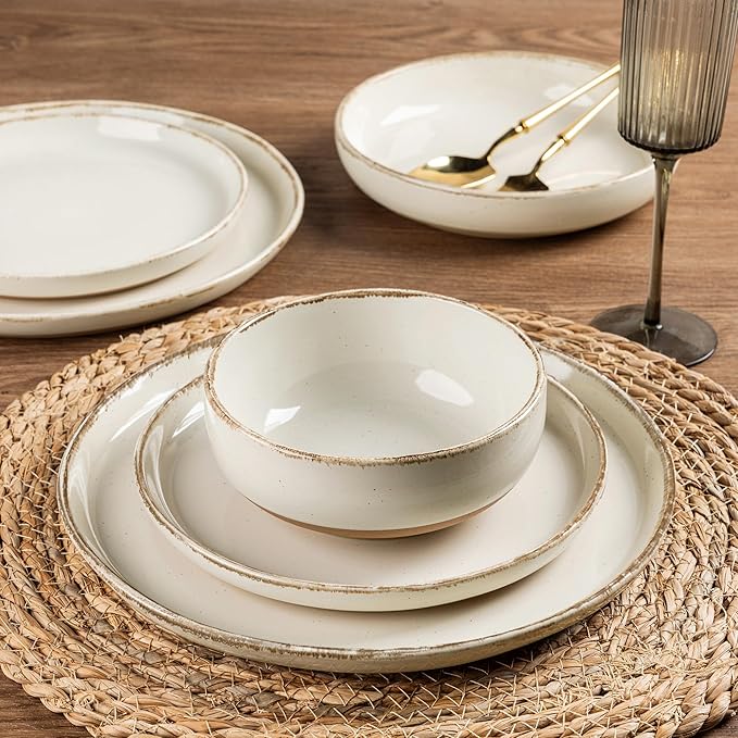 AmorArc Ceramic Dinnerware Sets with Pasta Bowls for 4, Handpainted Plates and Bowls Set with Rustic Terracotta Underside, Scratch Resistant Dishes Set, Dishwasher & Microwave Safe, 16 Pcs
