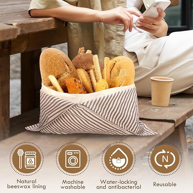 2 Pack Beeswax Bread Bags, Striped Linen Bento Bags, 14" Cotton Loaf Bag, Reusable Organic Food Storage, Sourdough Bag, Rustic Farmhouse Azuma Bukuro Origami Wrap for Baked Gifts (Natural Color, 2)