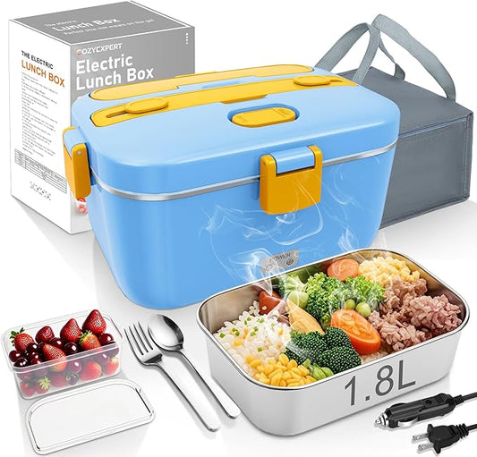 COZYEXPERT 100W Heated Lunch Boxes for Adults 12V 24V 110V-230V Electric Lunch Box Food Heater for Car/Truck Portable Food Heating Boxes with 1.8L 304 SS Containe