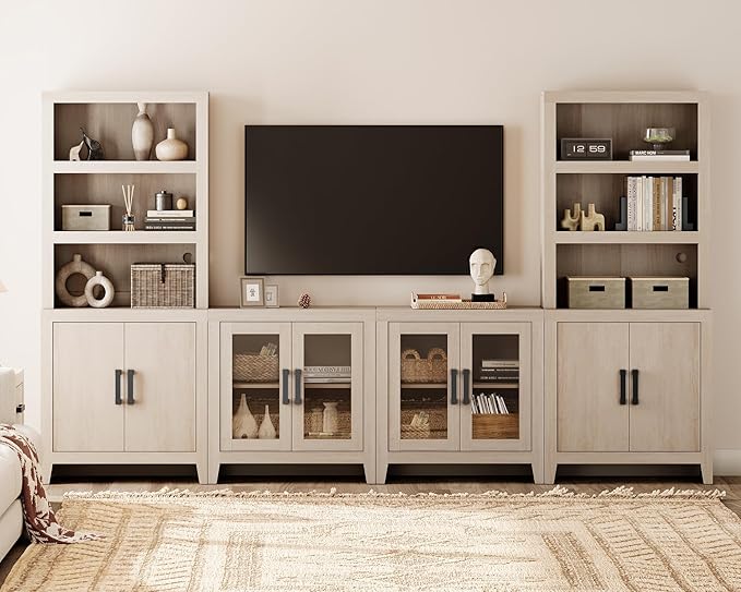 WAMPAT Entertainment Center with Bookshelves, 4-Piece Modular TV Stand with Storage Towers, Farmhouse Media Console with Glass Doors for Living Room, Bedroom, Beige