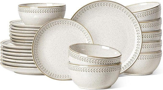 LE TAUCI 24 Piece Dinnerware Sets for 8, Large Plates and Bowls Sets, Ceramic Dishes Set for 8, Modern Stoneware Tableware, Chip Resistant, Ideal for Hosting, Reactive Beige (8"&10" Plate, 27oz Bowl)