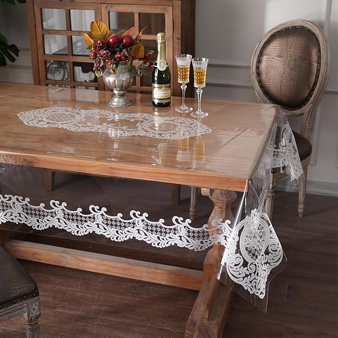 Rectangle Waterproof Clear Table Cover Protector Vinyl Table Cloth Oil Spill Proof Wipe Clean Lace Plastic Tablecloths for Dining Tables (White, 60 x 120 Inches)