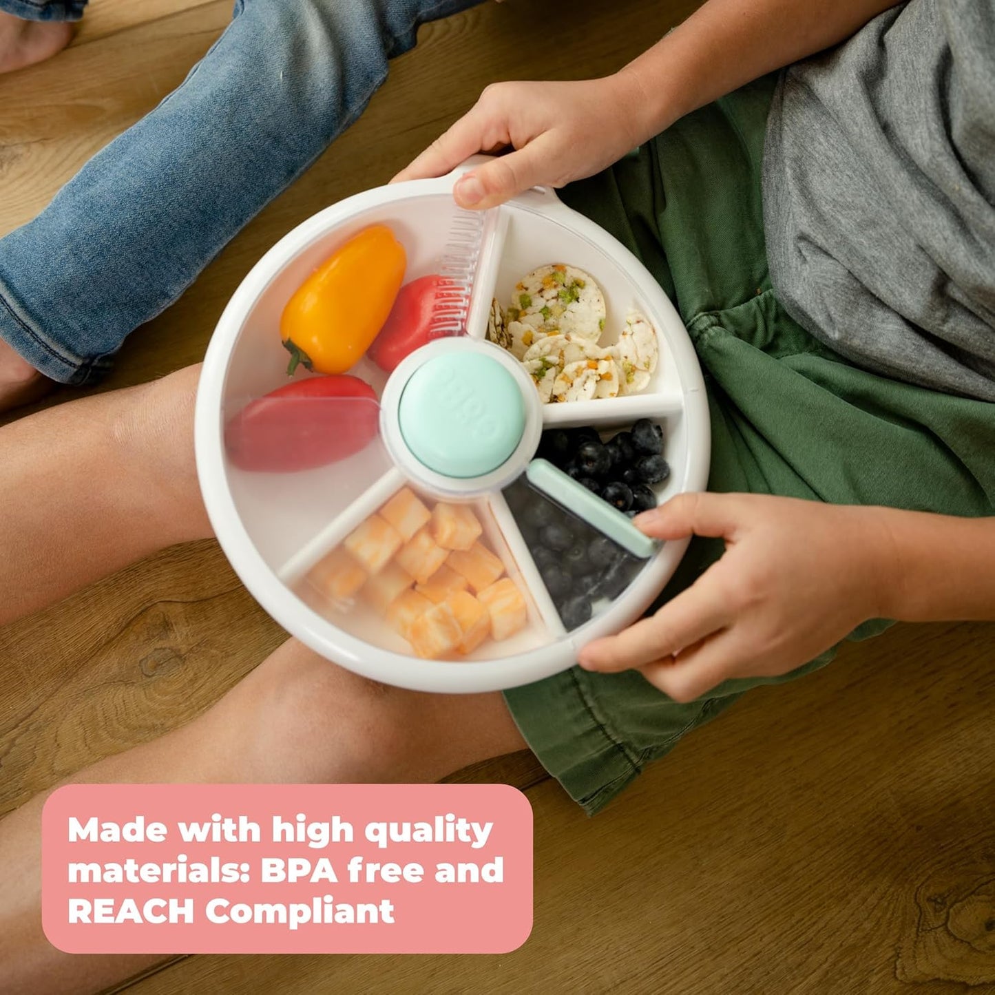 GoBe Kids Large Snack Spinner Slide Bundle with Hand Strap and Sticker Sheet - Reusable Snack Container with 4 Compartment Dispenser and Lid | BPA/PVC Free | Dishwasher Safe | No Spill - Coral Pink