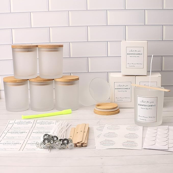 MILIVIXAY 12 Pack 10 OZ Frosted Glass Candle Jars with Lids and Candle Making Kits - Bulk Empty Candle Jars for Making Candles - Spice, Powder Containers.