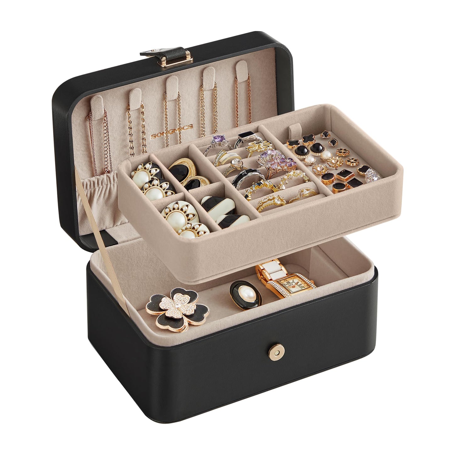 SONGMICS Jewelry Box, Travel Jewelry Case, 2-Layer Jewelry Holder Organizer, Portable Versatile Earring Storage, for Larger Accessories, Ink Black UJBC166B01
