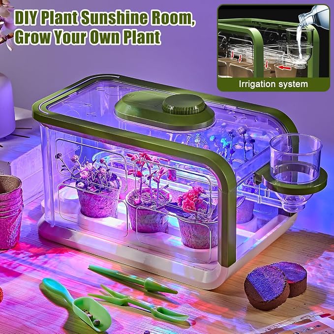 Kids Plant Growing Kit, Kids Gardening Greenhouse Growing Kit with Drip Irrigation and Grow Lights, Science STEM Toys Terrarium Kit for Boys Girls 3 4 5 6 7 8 Year Old,Kids Flower Growing Kit
