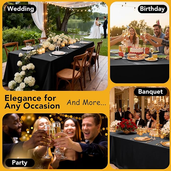 6-Pack Black Tablecloths for Rectangle Tables, 90 x 156 Inches, Stain-Resistant Polyester Fabric for 8 Foot Tables - Washable Table Covers for Weddings, Banquets, Birthday Parties, Events