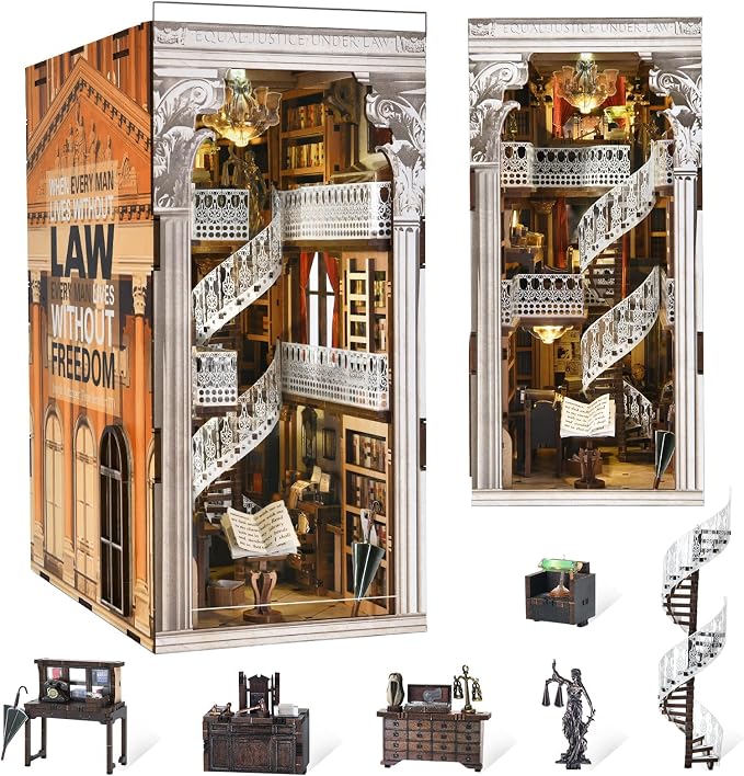 CCCDF DIY Book Nook Kit for Adults and Teens, Miniature Dollhouse Booknook Kit, 3D Wooden Puzzle Booknook Bookshelf Bookcase Model Build Kit Decor Alley with LED Light (Law Library)