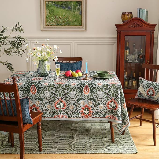 ISAENNE Designer Bohemian Linen Green Extra Long Rectangle Tablecloth,Floral Indoor Table Cloth,Stain Resistant Decor Tablecloths for Dining Thanksgiving Kitchen Party Christmas,63"*110"-Naples