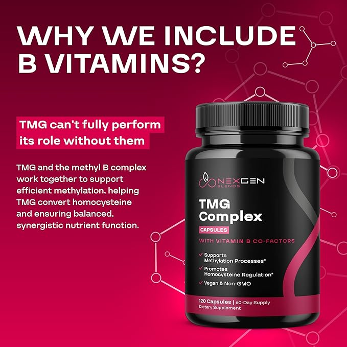 TMG Trimethylglycine Supplement with Methyl B Complex - 500mg Betaine TMG Supplement with Methylated Vitamin B Co Factors for Homocysteine Heart & Liver Support - Vegan & Non-GMO (2 Month Supply)