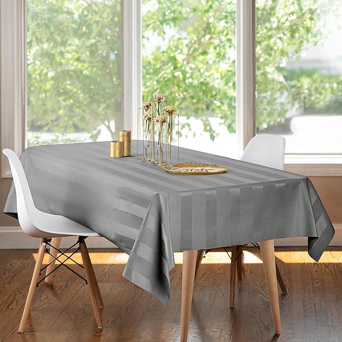 Luxury Table Protector Pad, 2 in 1 Table pad + Great Looking Tablecloth - Heat Resistant, Spill & Stain Proof - Flannel Backing (54x72, Silver - Silk Stripe)