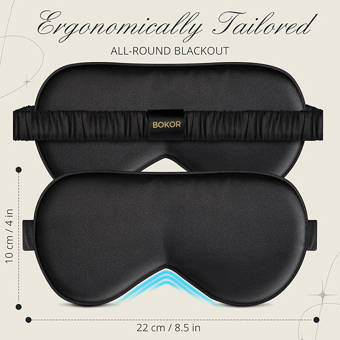 BOKOR Silk Sleep Mask - FSA/HSA Eligible Eye Mask for Sleep, Mulberry Silk Luxury Eye Cover, Light-Blocking, Skin-Friendly & Lightweight, Reduces Puffy Eyes - with Travel Bag & Gift Package - Black