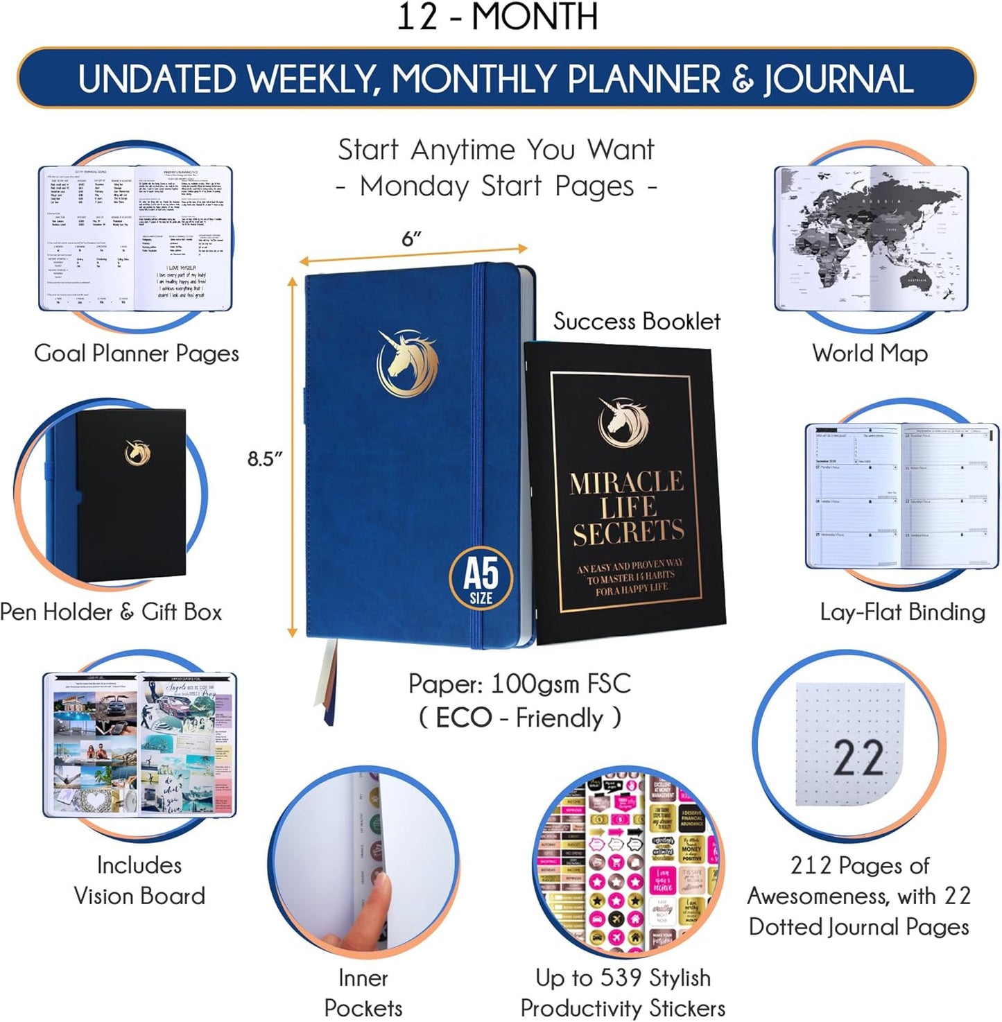 Life Planner - Undated Daily, Weekly & Monthly Planner with Budget Section | A 12 Month Journey to Increase Productivity & Happiness | Life Organizer & Gratitude Journal - Horizontal Format