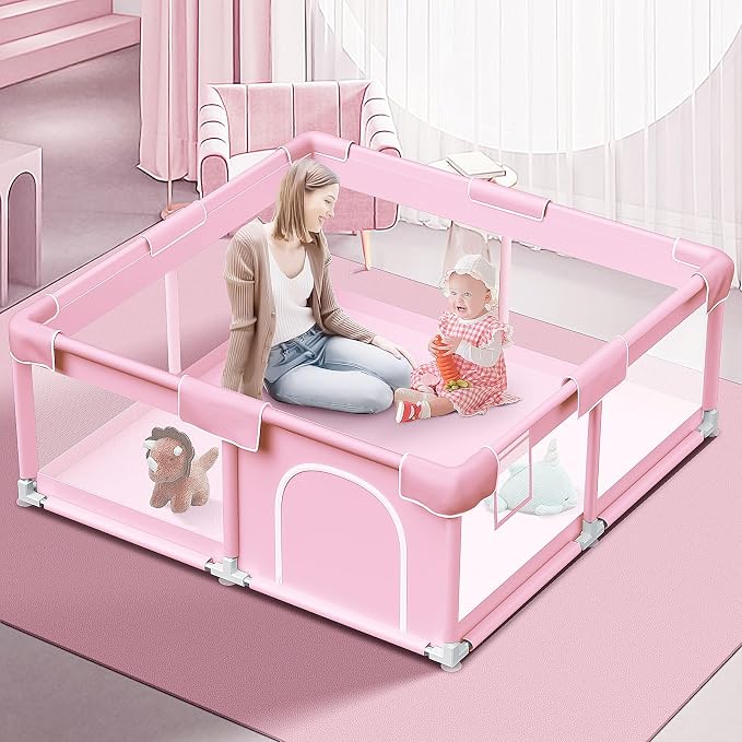 Pink Baby Playpen 50x50 Inches Playpen for Little Princess Play Yards Indoor & Outdoor Sturdy Safety Baby Girls Play Pen with Soft Breathable Mesh Toddlers Activity Center with Anti-Slip Base