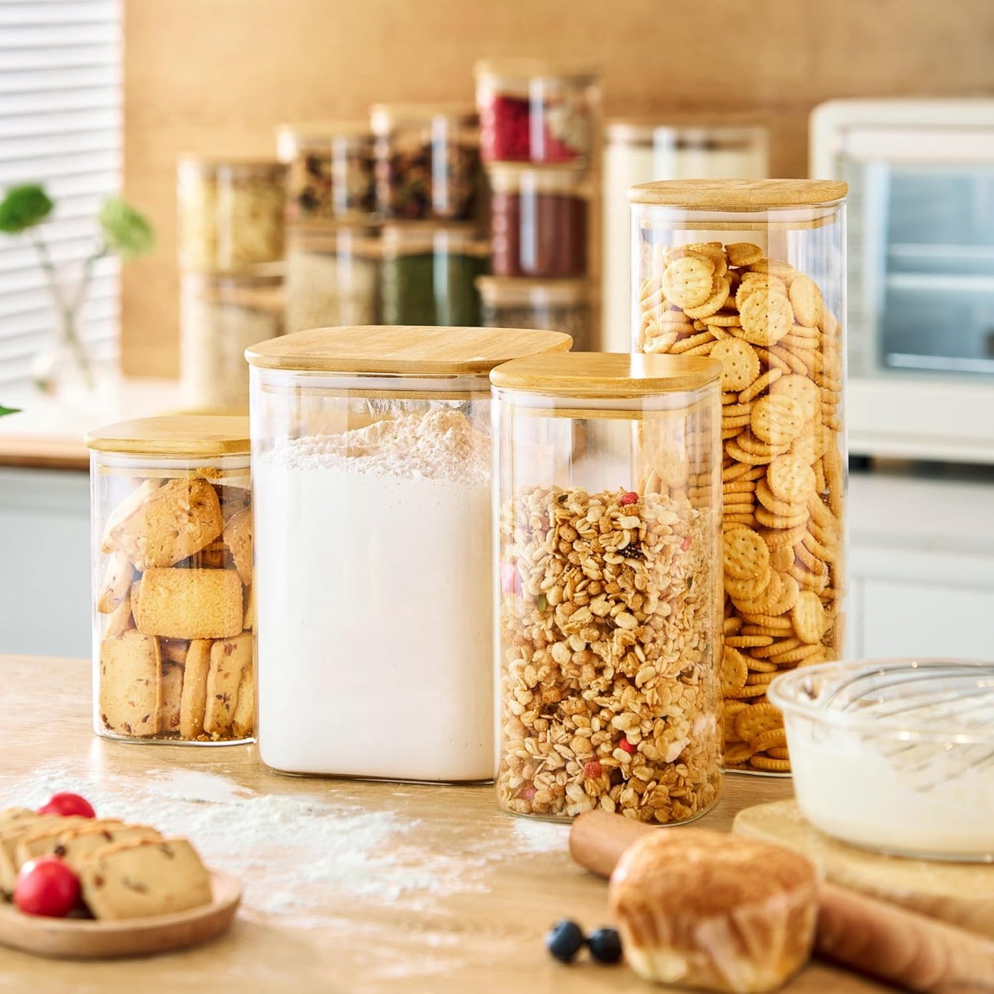 Extra Large Square Glass Flour & Sugar Storage Containers with Airtight Lids, 132oz & 63oz - 2 Pack Glass Jars with Bamboo Lids, Air tight Pantry Food Storage Containers for Cereal, Pasta, Rice