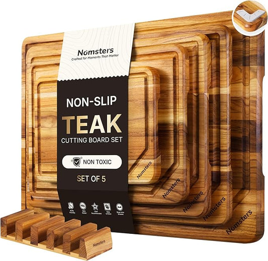 5 Pack Teak Wood Cutting Board Set with Holder Non Slip Over Sink Wooden Chopping Board for Fresh Meat Vegetable Thick Haus Perfect for Charcuterie Juice Groove Bread Boards for Kitchen