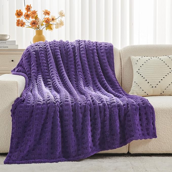 NEWCOSPLAY Super Soft Twin Blanket Purple Premium Silky Flannel Fleece 3D Waffle Checkered Lightweight Bed Blanket All Season Use (Dark Purple, Twin(60"x80"))
