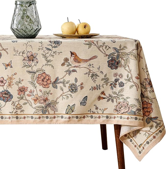 ISAENNE Designer French Light Beige Tablecloth Rectangular,Linen Florals and Birds Pattern Table Cloth,Anti-Wrinkle Decorative Tablecloths for Dining Thanksgiving Kitchen,55"*87"-Cornucopia