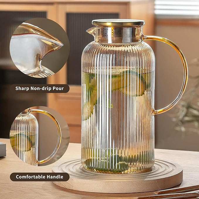 Buaic Glass Pitcher with Lid, 2 PACK 84 oz/ 2.5 Liter Amber Classic Vertical Stripes Water Pitcher,Glass Water Carafe for Cold Brew, Coffee, Lemonade, Iced Sun Tea,Beverage, Milk, Heat Resistant