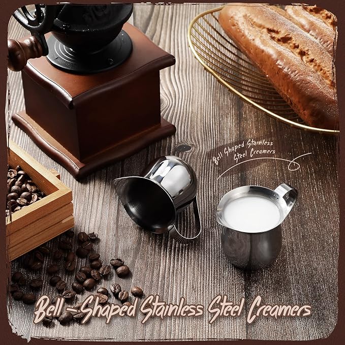 Potchen 24 Pack Stainless Steel Bell Creamers 3 Ounce Creamer Pitcher Mini Coffee Milk Pitchers with Handle and Pouring Spout Cups for Serving Espresso, Tea, Milk, Maple Syrup, Sauce