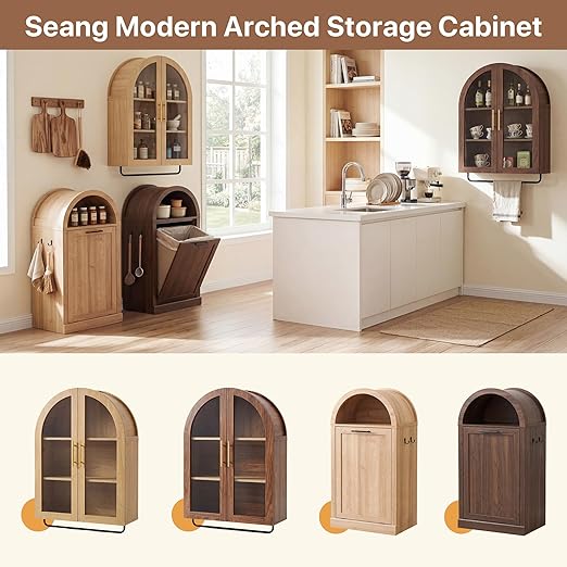 Seang Arched Tilt-Out Trash Can Cabinet,Laundry Hamper Cabinet with Foldable Laundry Basket,Wooden Hidden Garbage Can Cabinets with Metal Handle & Hooks,Natural