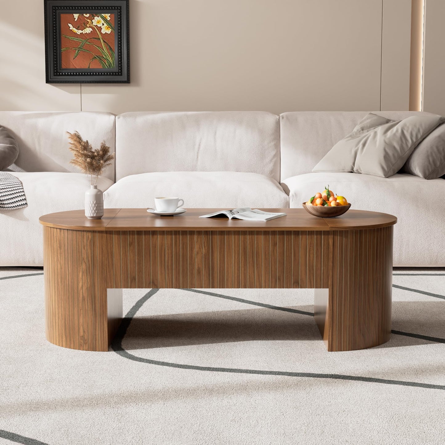 Lift Top Coffee Table with Hidden Storage Compartment, Oval Wooden Coffee Table with Lift Tabletop for Living Room, Mid Century Modern Center Table for Home Office, 47 Inch (Walnut)