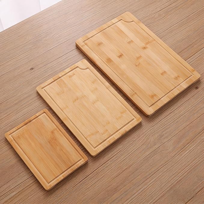 Chopping Board,3Pcs Wooden Cutting Boards with Built in Handles Liquid Grooves for Kitchen Meat Vegetable
