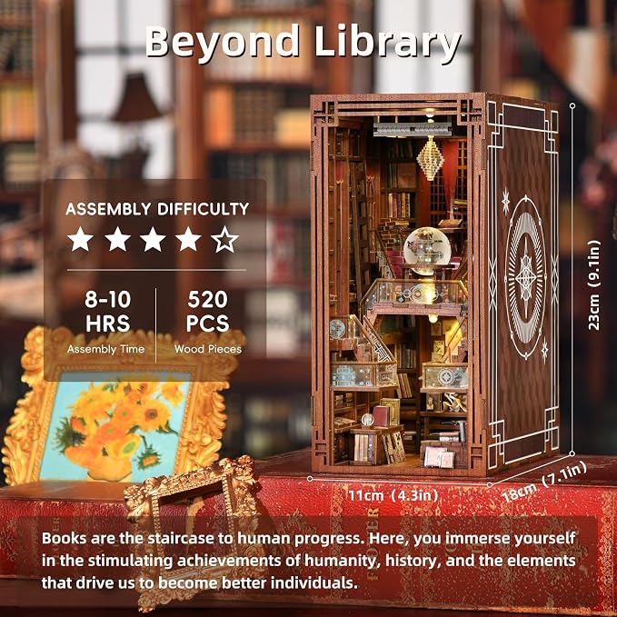 CCCDF DIY Book Nook Kit, DIY Miniature Dollhouse Booknook Kit, 3D Wooden Puzzle Bookend Bookshelf Insert Decor with LED Light for Teens and Adults (Beyond Library)