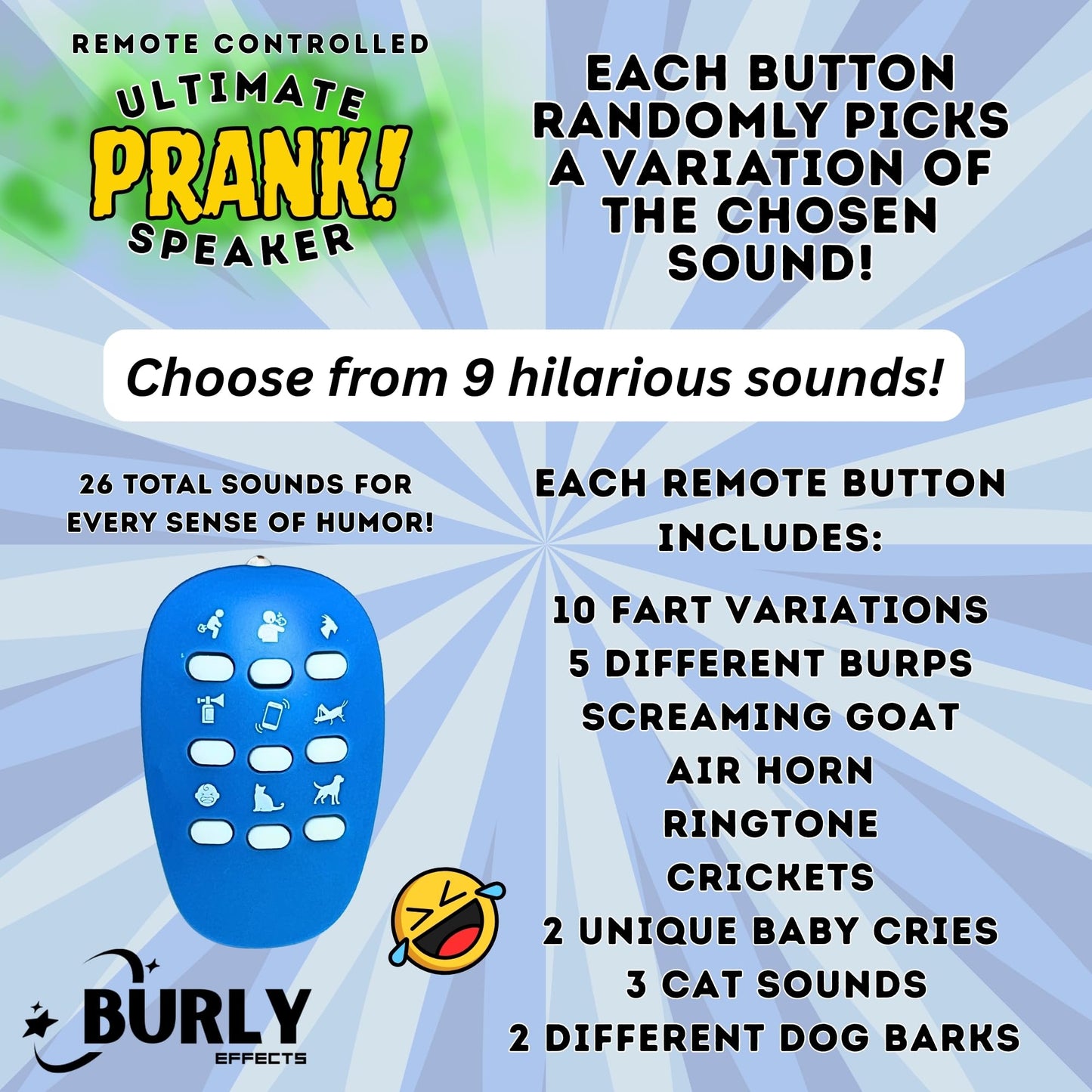 Remote Controlled Sound Prank - Farts, Burps, Screaming Goat, Air Horn, Phone Ringtone, Crickets, Baby Crying, Cat, Dog - 26 Different Realistic Sounds