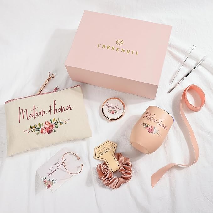 CARAKNOTS Matron of Honor Proposal Gift Box Set, Will You Be My Matron of Honor Gift, Pink Ready to Gift Bridesmaid Box with 12 oz Stainless Steel Tumbler, Bridal Party Bachelorette Wedding Favor