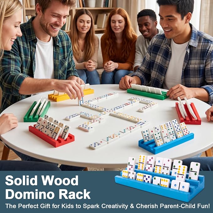 Soulchen Multicolor Wooden Domino Racks Set of 8, Wood Domino Tiles Trays Holders Organizer for Mexican Train Classic Board Accessories, Dominoes Not Included (7.1 x 2.8 Inch)