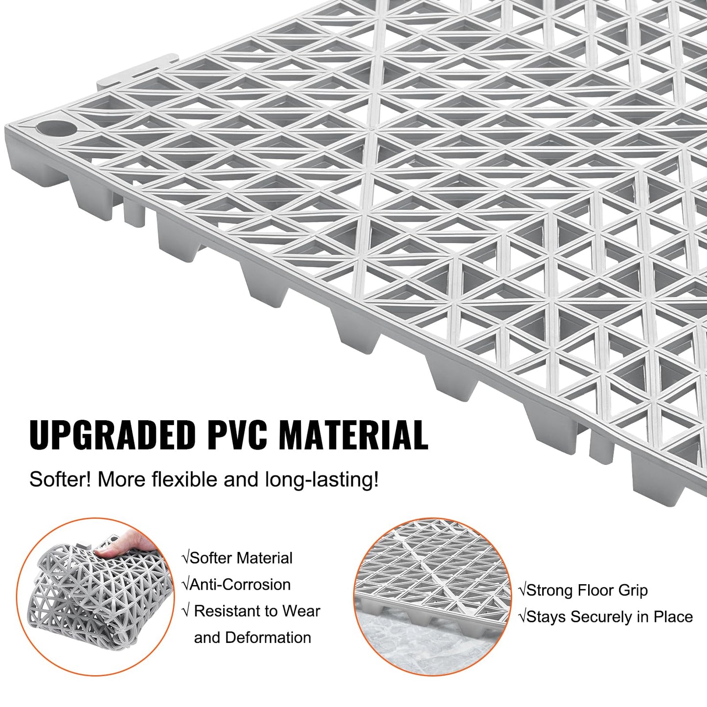 VEVOR Modular Interlocking Cushion, 50 Pack 12" x 12" Splicing Drainage Mats, Soft PVC Interlocking Drainage Floor Tiles, Non-Slip Drainage Holes for Restroom, Bathroom, Kitchen, Pool, Wet Areas, Gray
