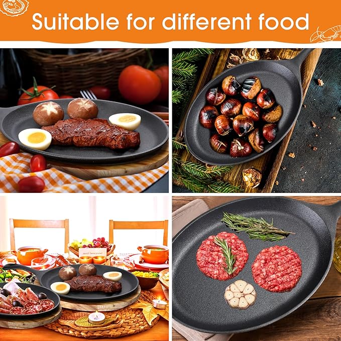 Lallisa 8 Sets Cast Iron Fajita Plate Set Fajita Plate Pan with Wooden Tray Anti Scald Protection Hot Mitt Cast Iron Skillet Set for Home Barbecue Kitchen Party Restaurant Catering Service