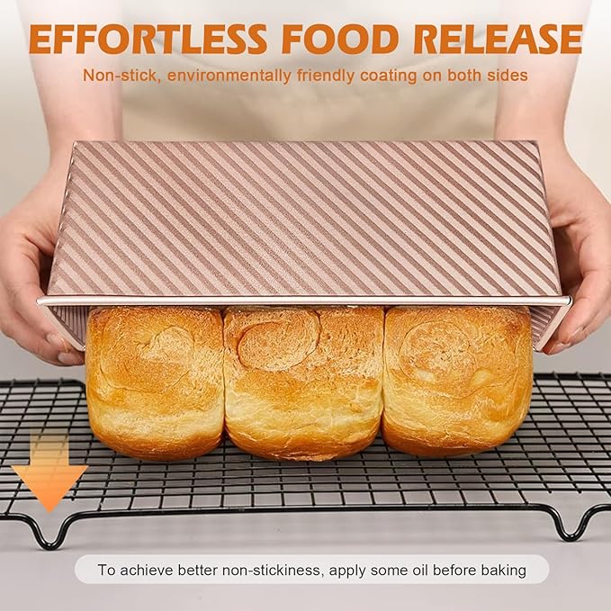 2Pack Large Bread Pan with Lids – 2.2LB Dough Capacity, Non-Stick Carbon Steel Bread Pans for Homemade Sandwich and Sourdough Bread, Corrugated Toast Mold(Gold)