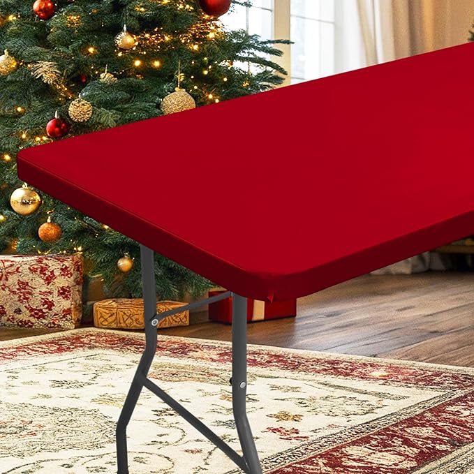 homing Rectangle Table Cloth Cover, Waterproof Polyester Elastic Fitted Tablecloth, Fits for 4 Foot Folding Tables, Washable Table Protector for Christmas, Holiday, Party (Red, 30" x 48")