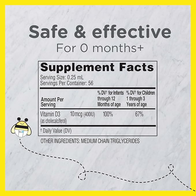 Zarbee's Vitamin D Drops for Infants, 400IU (10mcg) Baby & Toddler Liquid Supplement, Newborn & Up, Dropper Syringe Included, 0.47 Fl Oz (Pack of 2)
