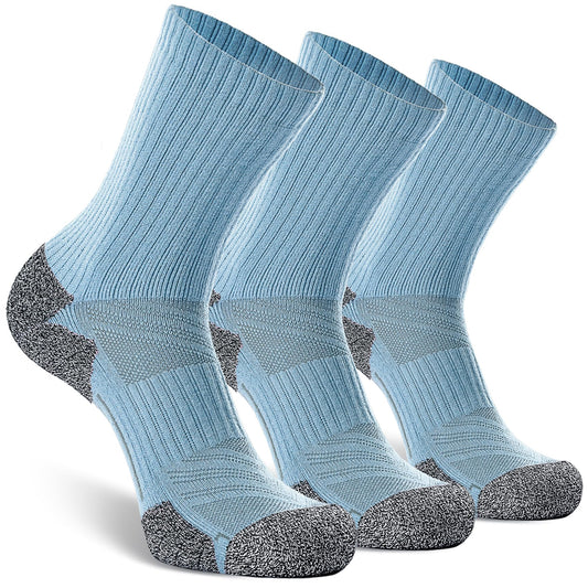 CWVLC Hiking Crew Socks, 3-Pack Men Women Boot Socks for Walking, Hunting, Camping, Winter Outdoor Work, Cosy Cushion, Moisture Wicking, Arch Compression, Anti Blister, Large, Blue