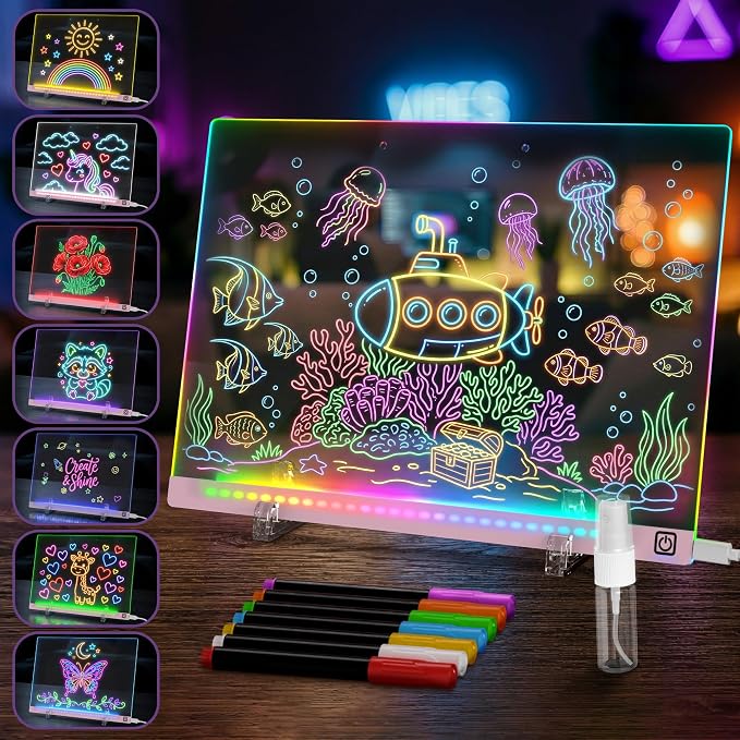 LED Drawing Board with USB-C Power – 16 Inch Acrylic Light Board for Tracing with Edge-Lit Color-Changing Glow, 7 LED Colors, 6 Light Modes – Plug-and-Play Kit with Markers, Stands, Gift Box (Pink)