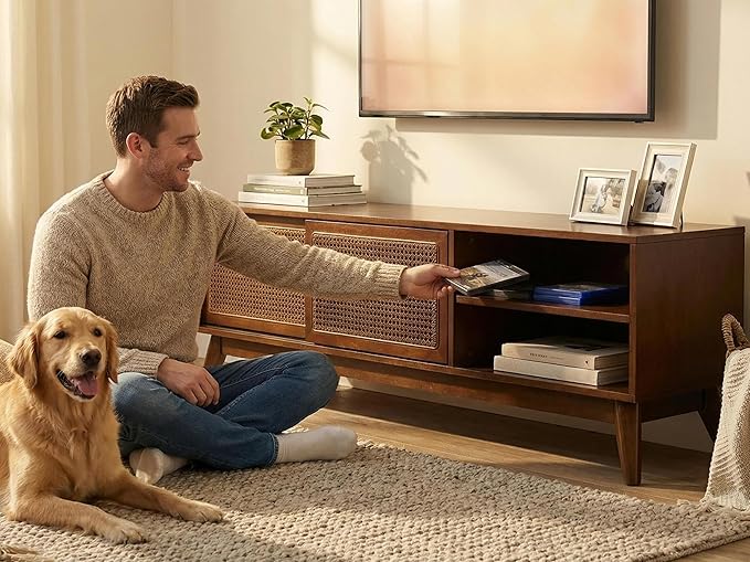 LKTART Boho Mid Century TV Stand,59" Rattan Entertainment Center,Media Console with Solid Wood Legs,Adjustable Feet & Divided Storage,TV Cabinet for 65 Inch TV,Dark Walnut