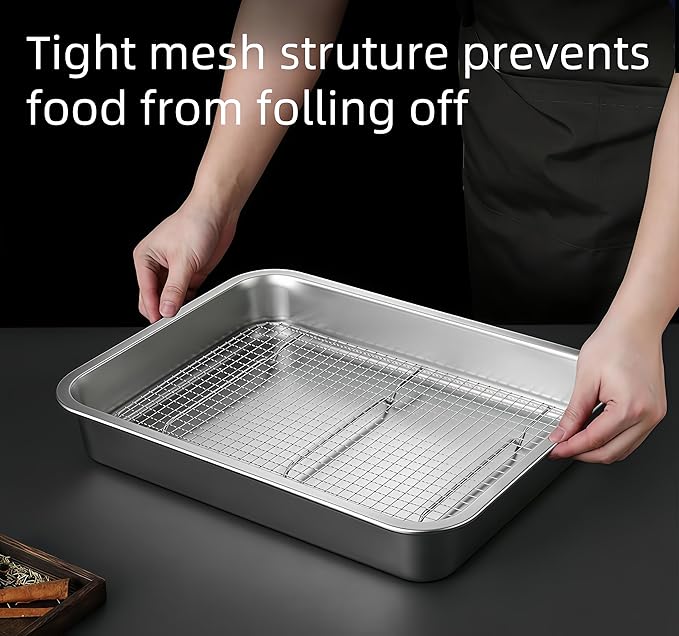 Stainless Steel Sturdy Roasting Pan with Cooling Rack – Oven, Toaster & Grill Safe, Deep Edge, Smooth Finish, Dishwasher Safe – Perfect for Turkey, Chicken, BBQ (19.5x13.6x2.8in)