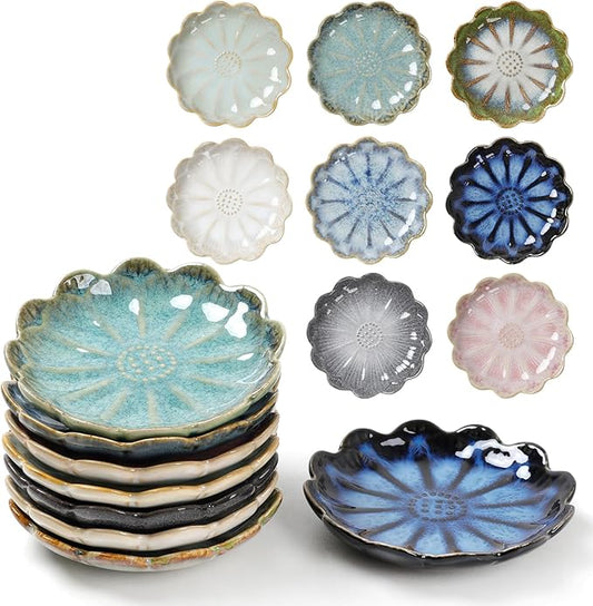 Ceramic Dipping Bowls Set of 8, 3 oz Sauce Cups, Chrysanthemum Round Small Side Dish for Sushi, Tomato, Soy Sauce, Condiment Finger Bowls