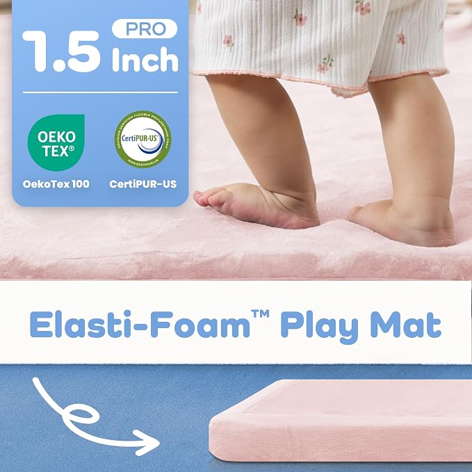 1.5" Thick Padded Baby Play Mat for Floor Tummy Time, Pro Soft Foam Activity Playroom Playmats, Easy Care with Non-Slip Safe for Infant Toddler Kids Crawling 59"x 71" (Pink)