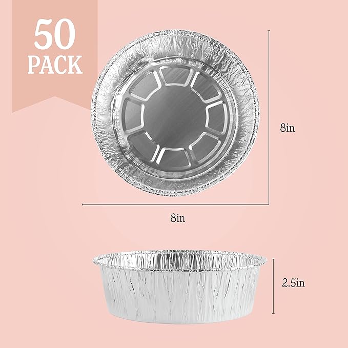 PLASTICPRO 8'' Inch Round Tin Foil Pans Disposable Aluminum, Deep Freezer & Oven Safe - For Baking, Cooking, Storage, Roasting, & Reheating, Pack of 50